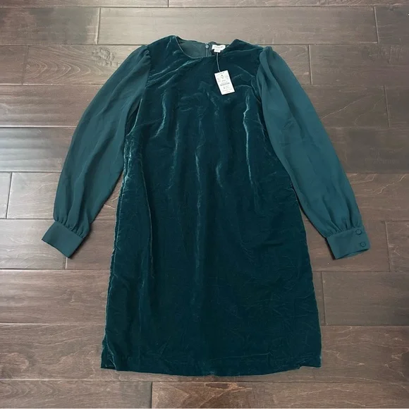 Nwt j crew velvet‎ green sheer sleeves long sleeve dress - Picture 3 of 13